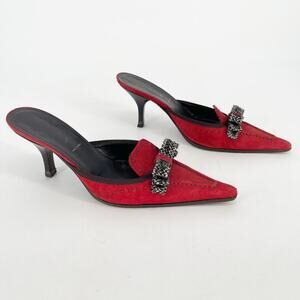 Vintage Prada Red Suede Tweed Bow Detail Pointed Toe Slide Heel Mule IT 36.5